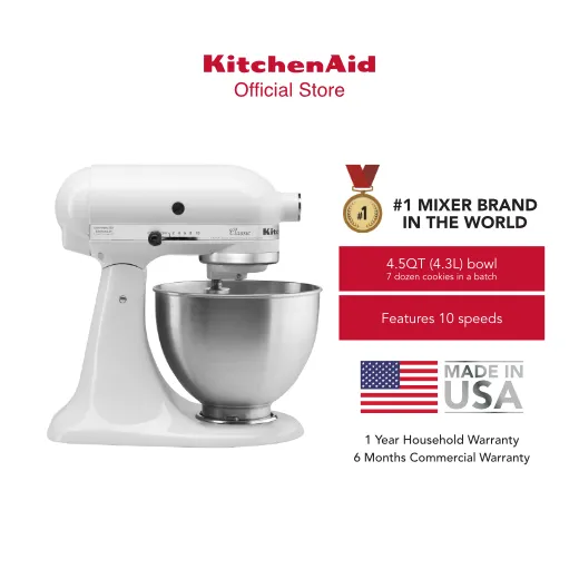 KitchenAid 4.5Qt / 4.3L Classic Mixer 220V with Coated Flat Beater, Coated C-Dough Hook, Wire Whisk, and 4.5Qt Stainless Steel Work Bowl- Made in USA - White - 5K45